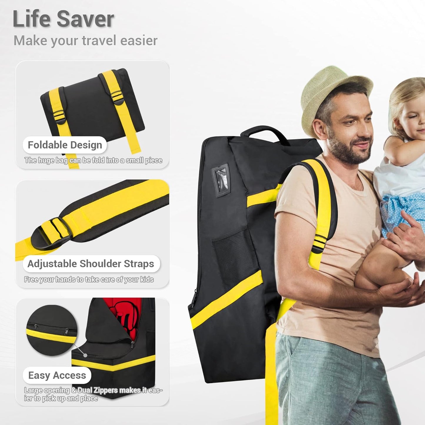 Car Seat Travel Bag - Padded, Comfortable, Durable, Roomy Gate Check Carseat Cover Backpack Fits 3-in-1，Convertible, Booster & Infant Car Seats for Airplane, Airport, Yellow