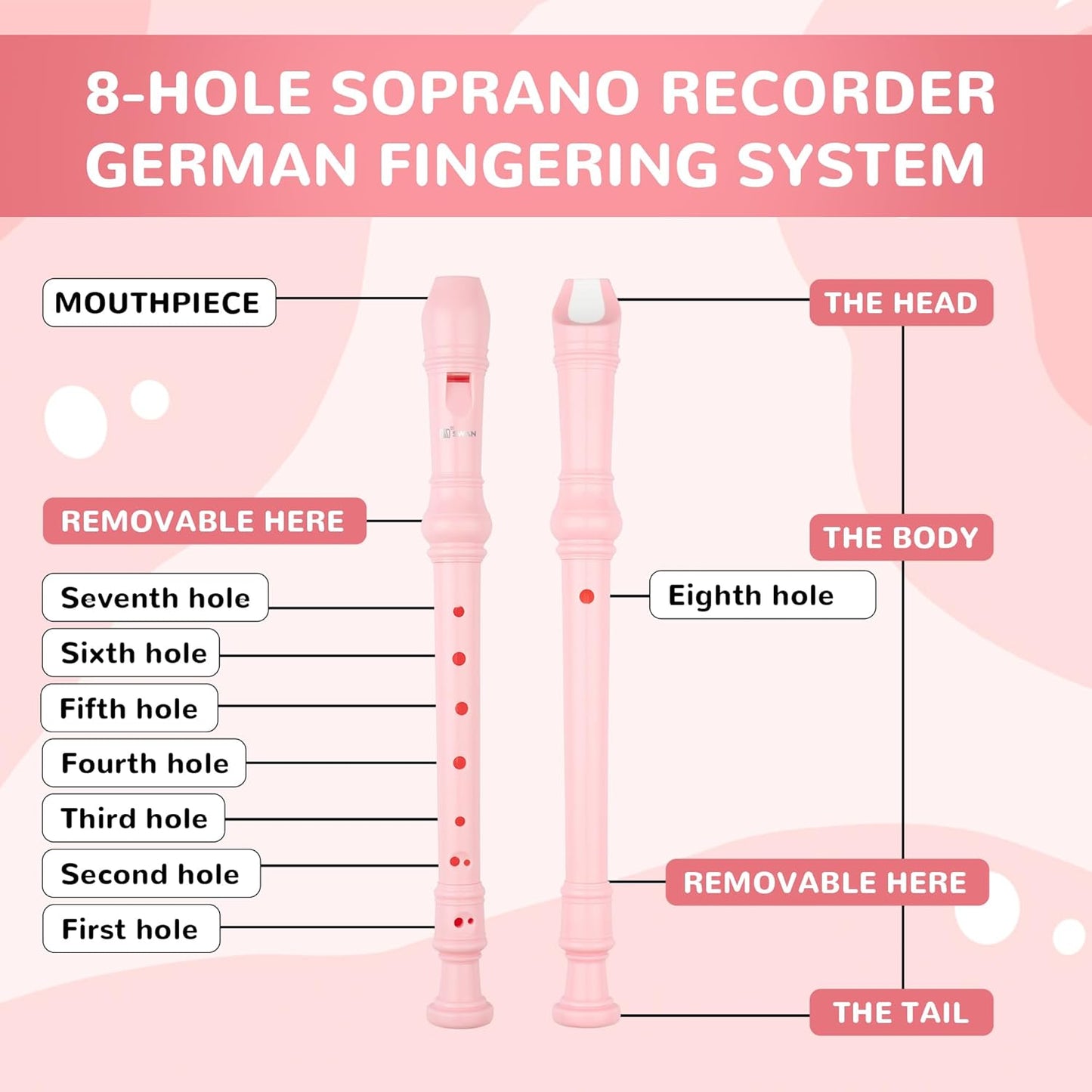 SWAN Soprano Recorder Instrument for Beginners Kids Student - German Fingering 8 Hole Flute Detachable 3pcs ABS Descant Recorders with Cleaning Rod and Fingering Chart, SW8K, Baby Pink