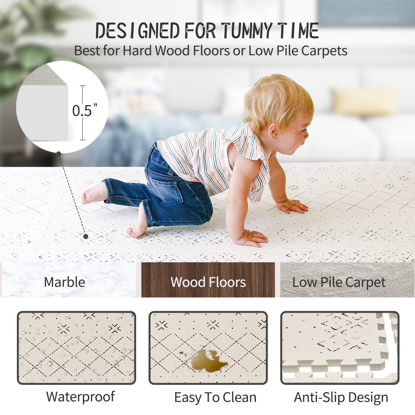 Yay Mats Stylish Extra Large Baby Play Mat. Soft, Thick, Non-Toxic Foam Covers 6 ft x 4 ft. Expandable Tiles with Edges Infants and Kids Playmat Tummy Time Mat (Carter Mudcloth Tan)