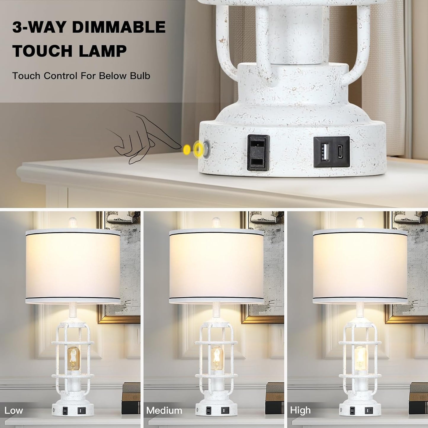 Farmhouse Industrial Lamps with USB A+C Charging Ports & AC Outlet, 3 Way Dimmable Touch Control Vintage Rustic Table lamps for Living Room, White Retro Beside Nightstand Metal Modern Lamp for Bedroom