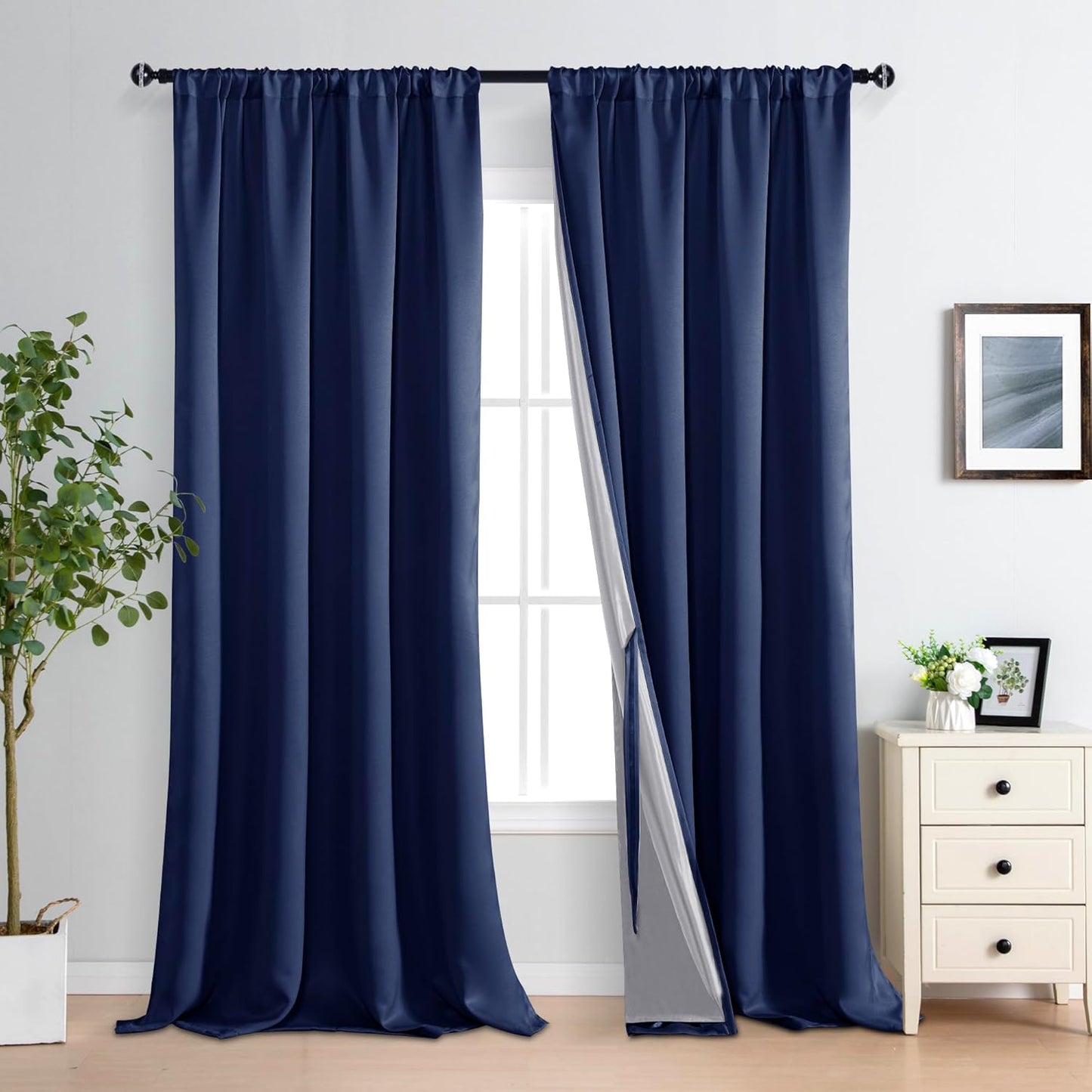 XWZO 100% Blackout Curtains - Extra Long Thermal Insulated Black Liner Rod Pocket Curtains, Noise Reducing and Heat Blocking Drapes for Bedroom with Tiebacks, Navy Blue, W52 x L108, Set of 2