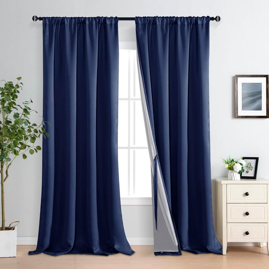 XWZO 100% Blackout Curtains with Tiebacks- Thermal Insulated Black Liner Curtains, Noise Reducing and Heat Blocking Rod Pocket Drapes for Hall and Studio Windows, Navy Blue, W52 x L95, Set of 2