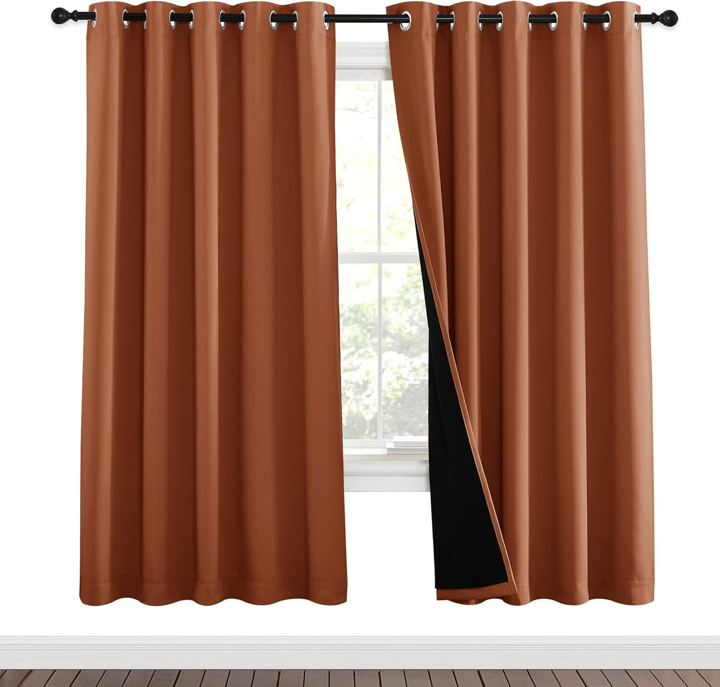 NICETOWN 100% Blackout Window Curtain Panels, Full Light Blocking Drapes with Black Liner for Nursery, 72-inch Drop Thermal Insulated Draperies (Burnt Orange, 2 Pieces, 62-inch Wide Per Panel)