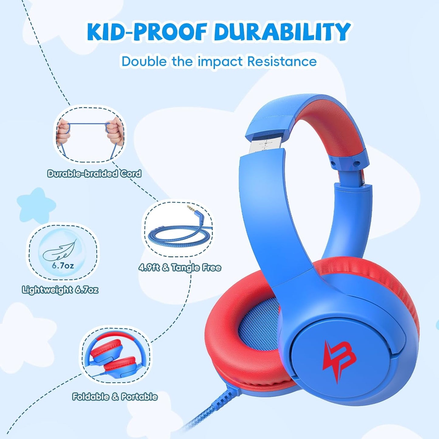 Kids Headphones for School, 85/94 dB Volume Limit, Wired Over Ear Headphones for Kids Boys Girls with Microphone, Foldable Stereo Sound 3.5mm Wired Cord for Kindle Tablet Airplane Travel, Blue