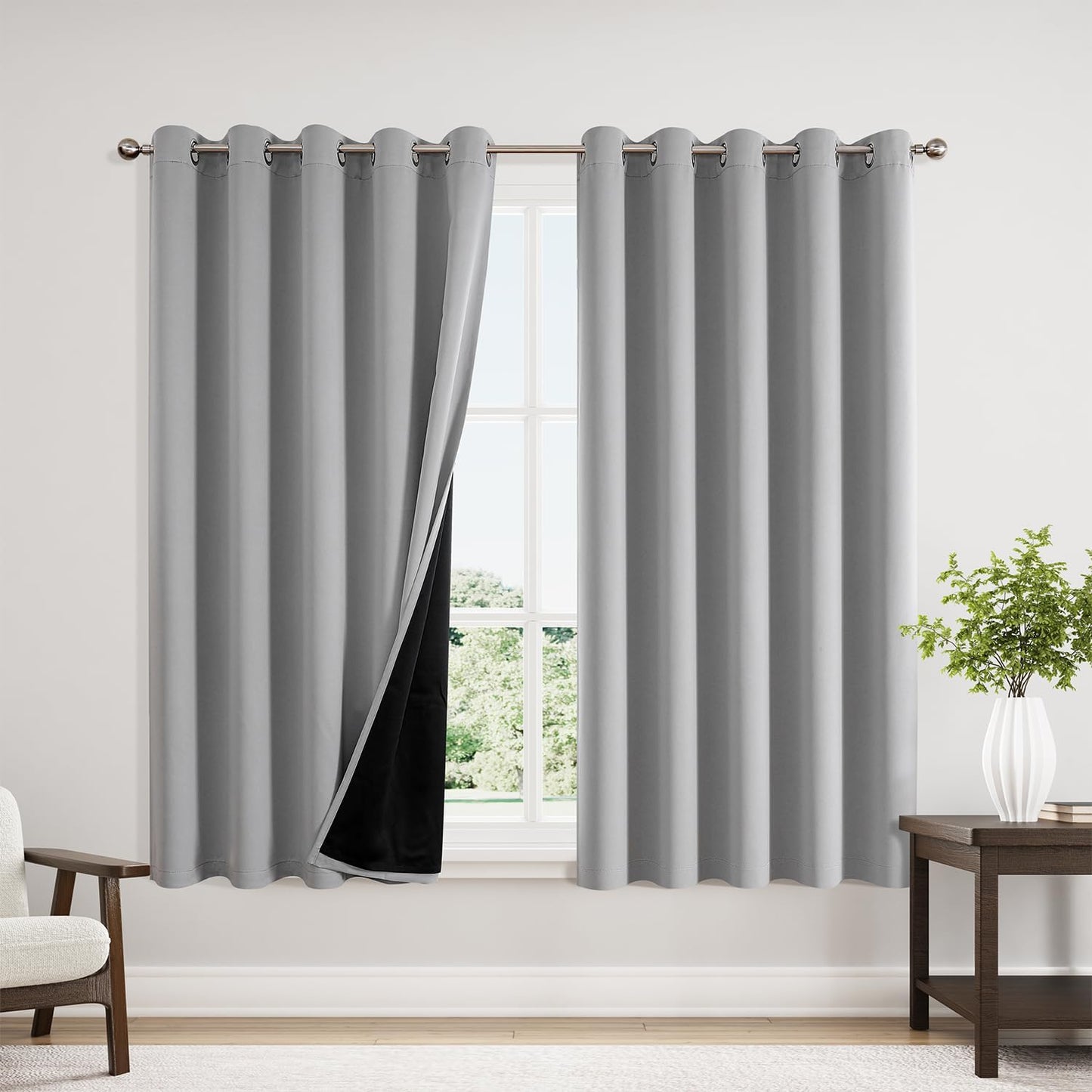 ChrisDowa 100% Blackout Curtains 63 inch Long for Bedroom with Black Liner, Extra Wide 2 Thick Layers Total Blackout Thermal Insulated Grommet Window Curtains 2 Panels Set (Light Grey, 60 x 63 Inch)