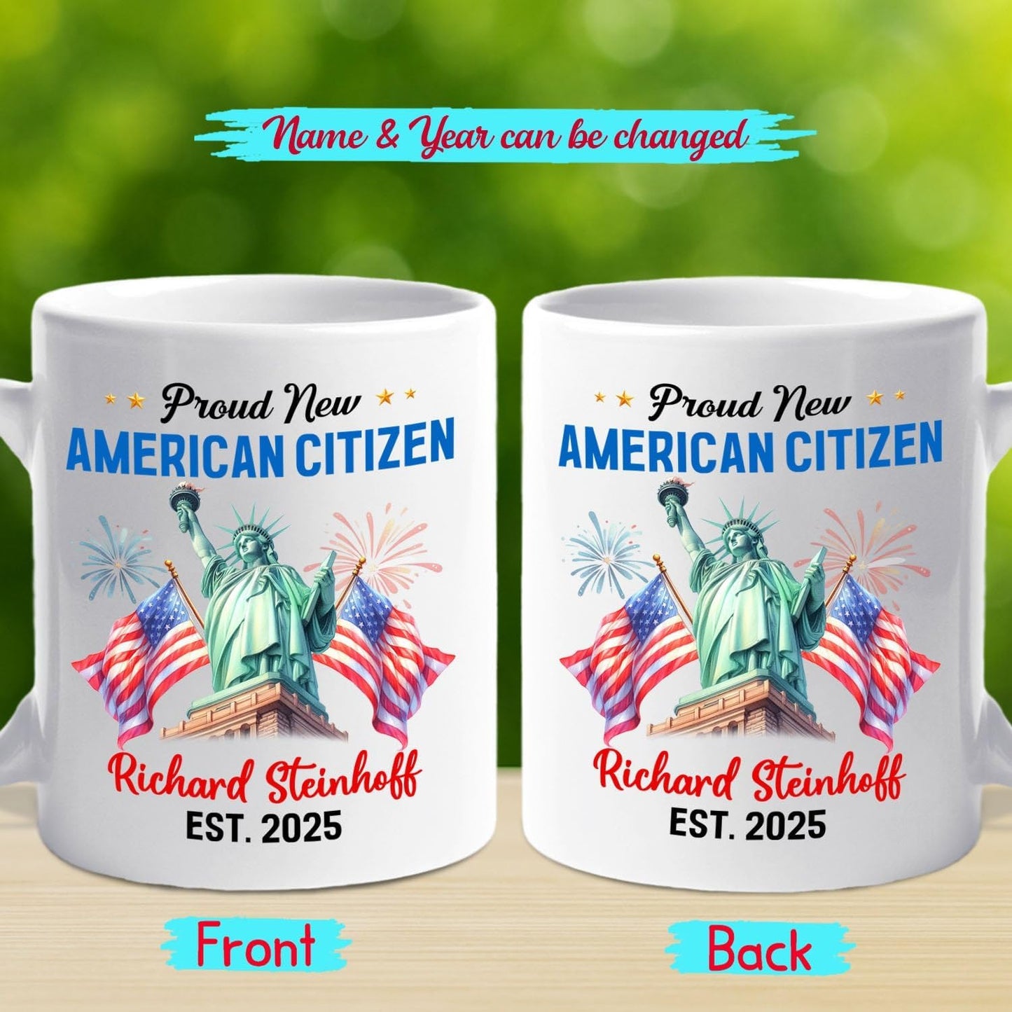 Proud New American Citizen Coffee Cup Gift For Daughter Son Dad Mom, Personalized Proud US Citizen White Coffee Mug With Year & Name, Customized Sunflower & USA Flag Mug, America Welcome Ceramic Cup