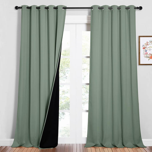 NICETOWN Full Shading Curtains for Windows, Super Heavy-Duty Black Lined Blackout Curtains for Bedroom, Privacy Assured Window Treatment (Greyish Green, Pack of 2, 62 inches W x 95 inches L)