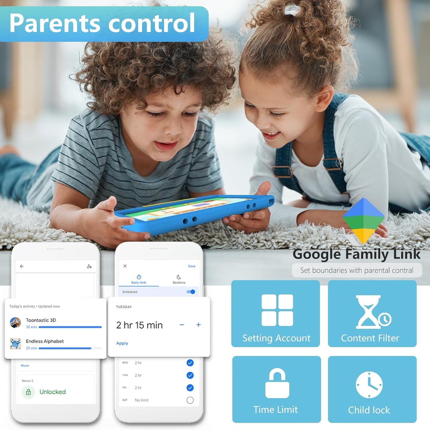 Tablet for Kids 10.1 inch Android 14, 8GB+64GB(TF 1TB) 6000mAh Kids Tablet WiFi6 Parental Control,Face Unlock, 1280 * 800 HD Screen (Layard Blue)