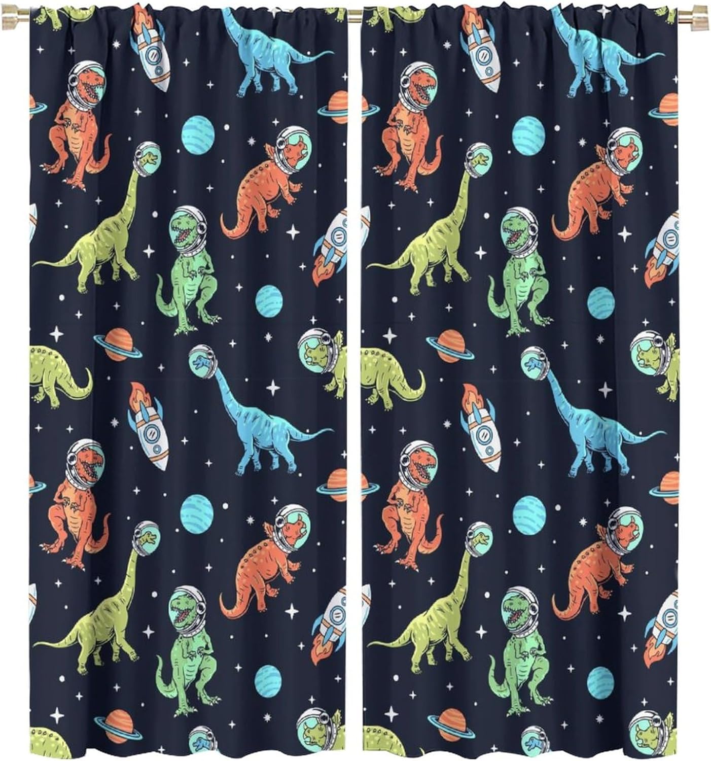 Cartoon Dinosaur Curtains for Kids Boys Girls Home Decor, Astronaut Rocket Funny Outer Space Blackout Rod Pocket Window Drapes for Bedroom Living Room W27.5xL63in 2 Panels