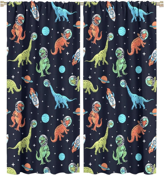 Cartoon Dinosaur Curtains for Kids Boys Girls Home Decor, Astronaut Rocket Funny Outer Space Blackout Rod Pocket Window Drapes for Bedroom Living Room W27.5xL63in 2 Panels