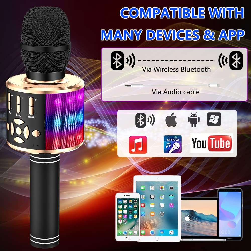 Amazmic Kids Karaoke Microphone Machine Toy Bluetooth Microphone Portable Wireless Karaoke Machine Handheld with LED Lights, Gift for Children Adults Birthday Party, Home KTV(Black Gold)