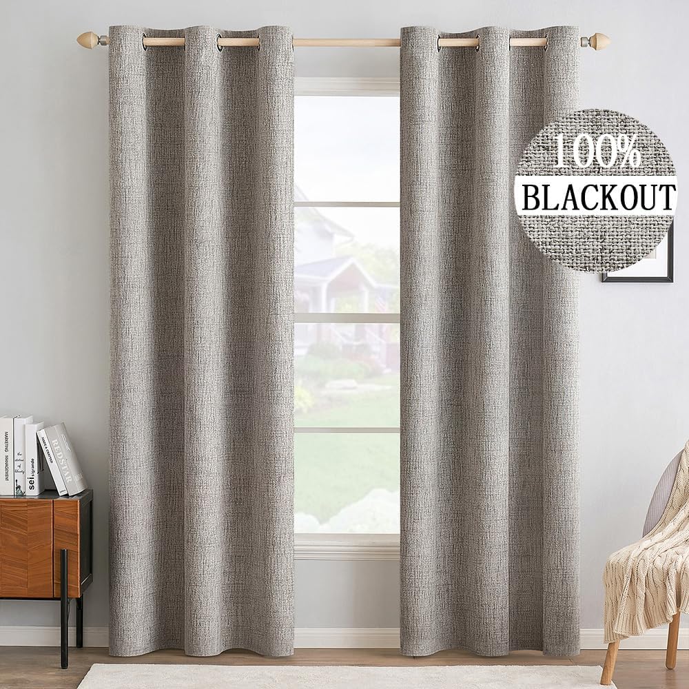 MIULEE 100% Blackout Linen Textured Curtains for Bedroom Solid Thermal Insulated Warm Taupe Grommet Room Darkening Curtains & Drapes Luxury Decor for Living Room Nursery 42 x 90 Inch (2 Panels)