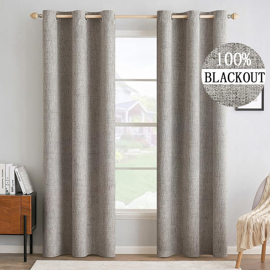 MIULEE 100% Blackout Linen Textured Curtains for Bedroom Solid Thermal Insulated Warm Taupe Grommet Room Darkening Curtains & Drapes Luxury Decor for Living Room Nursery 42 x 90 Inch (2 Panels)