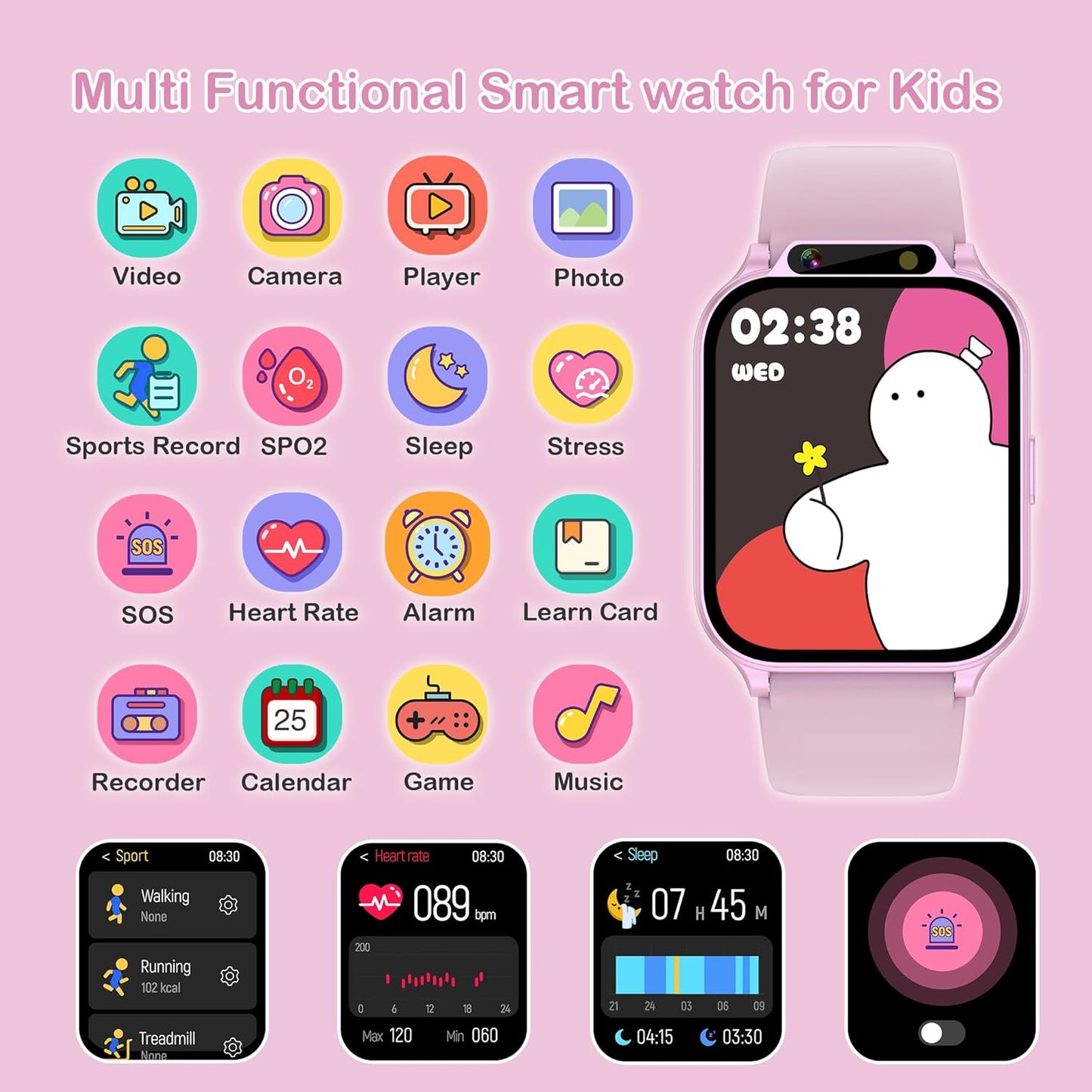 Kids Smart Watches Girls with Fitness & Sleep Tracker, Waterproof Sport Modes SOS DIY Dial Heart Rate Blood Oxygen Monitor HD Camera Games Music Recorder, NO APP/Phone, Gift for 5-14 Teen Girls