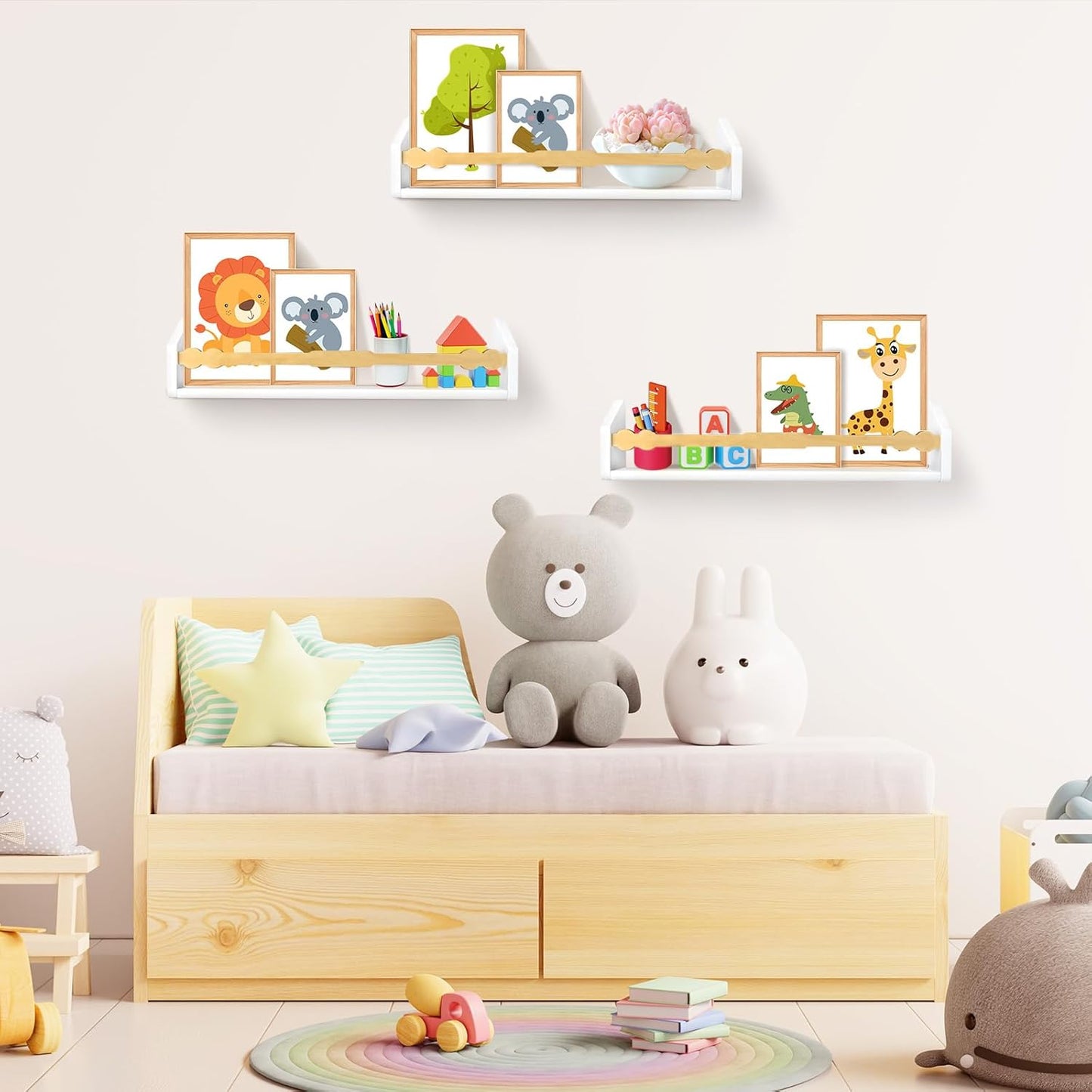 comfoyar Nursery Book Shelves Set of 3, 15.7 Inch Solid Pine Floating Shelves for Wall, Hanging Bookshelf for Kids Boys Girls Baby, Decoration for Bedroom Kitchen Bathroom Playroom, White and Natural