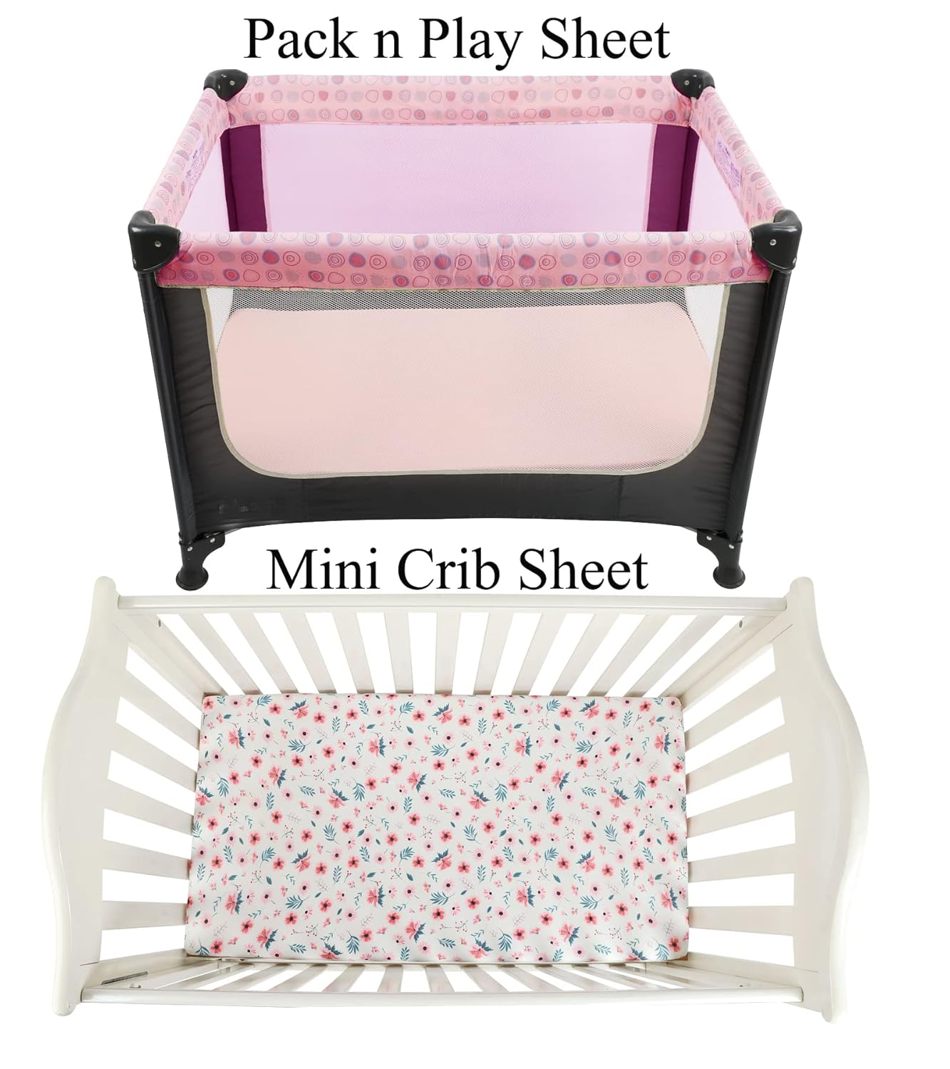 Pack n Play Sheet Stretchy Fitted Portable Mini Crib Sheets Set 3 Pack,Playard Sheets Convertible Playard Mattress Cover,Ultra Soft Jersey Material,Floral,Grey Rabbit & Pink