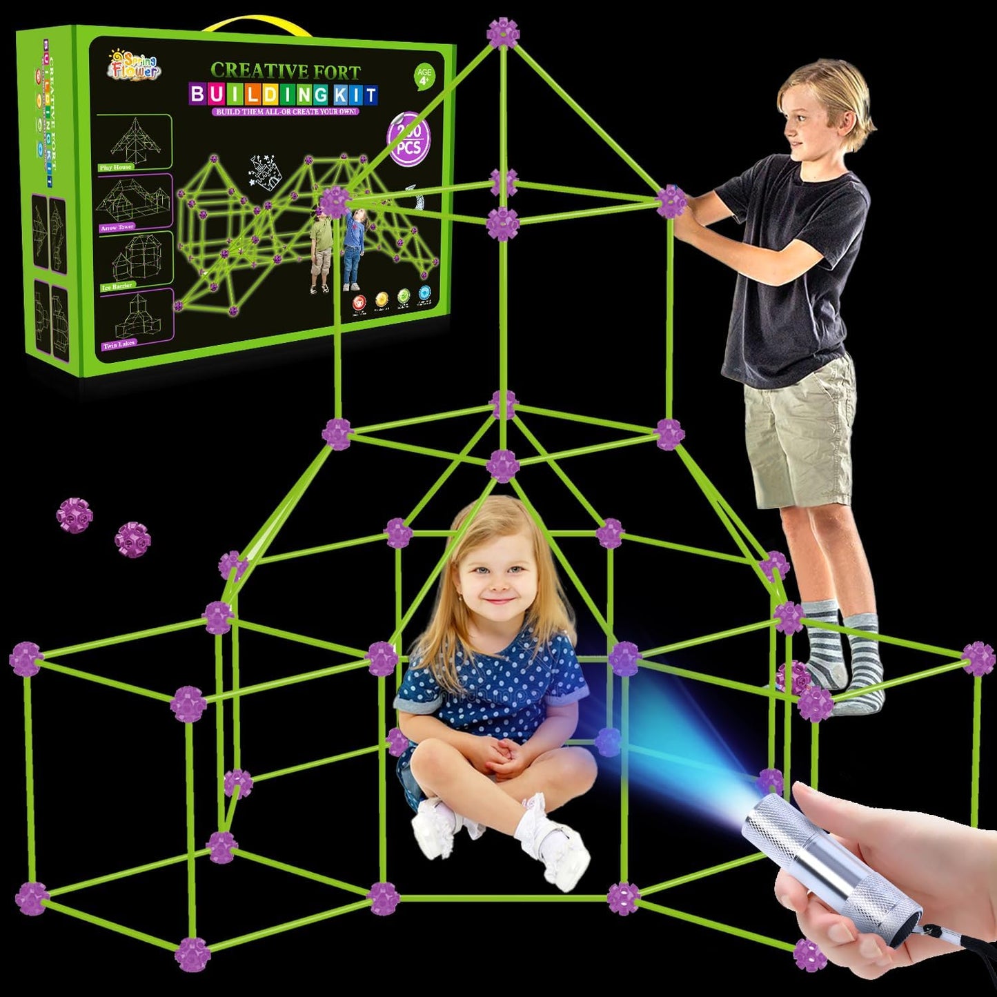 Glow In The Dark Fort Building Kit for Kids,STEM Construction Toys, Educational Gift for 3 4 5 6 7 8 9 10 11 12 Years Old Boys and Girls,Ultimate Creative Set for Indoor & Outdoors Activity,200 Pcs
