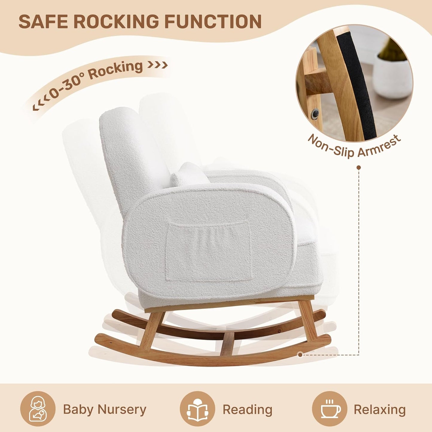 Rocking Chair Nursery with Ottoman, Upholstered Glider Rocker with High Backrest and Side Pocket, Rocking Accent Armchair with Solid Wood Legs for Nursery/Living Room/Bedroom White