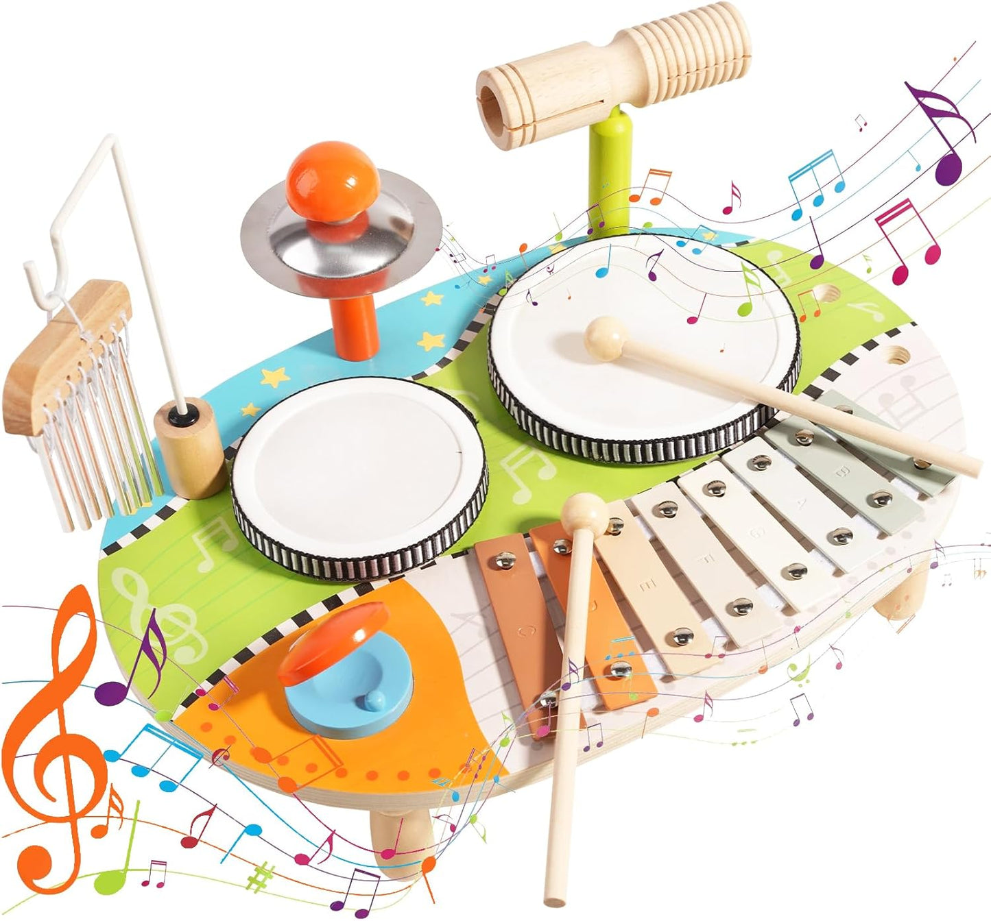 Kids Drum Set for Toddlers, Wooden Musical Instruments Baby Preschool Educational Musical Toys, Xylophone Wind Chime Kids Music Set Sensory Toys Birthday Gifts for Girls Boys