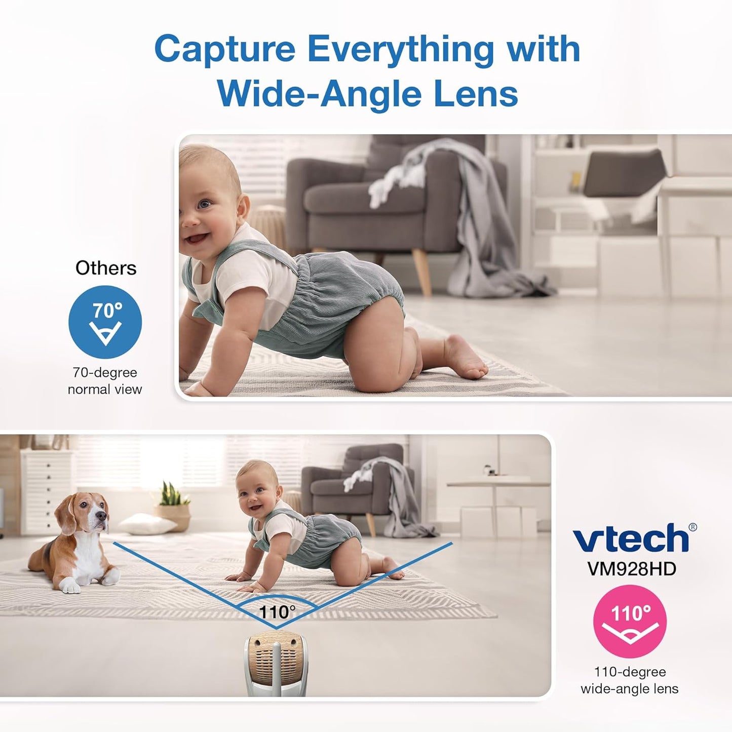 VTech VM928-2HD 5” 720p HD Display 2 Cameras Baby Monitor,110 Wide Angle View,Remote Pan-Tilt-Zoom,Night Vision,Up to 1000ft Range,Temperature Sensor,9 Soothing Sounds & Lullabies,2-Way Talk,No WiFi