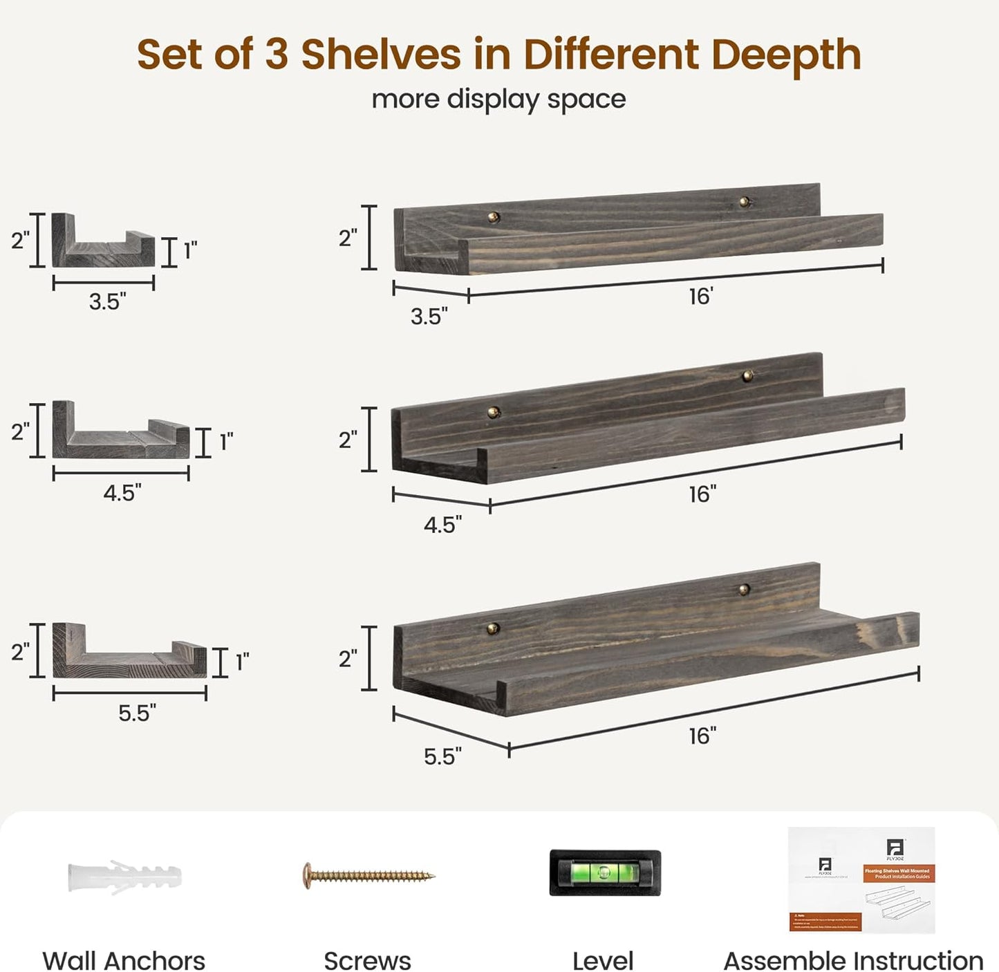 Picture Ledge Wall Shelves 16 inches Width Set of 3, Solid Pine Wood Rustic Floating Ledge Shelves for Wall for Kids' Room Bedroom Kitchen Bathroom Living Room Nursery Display Decor, Grey