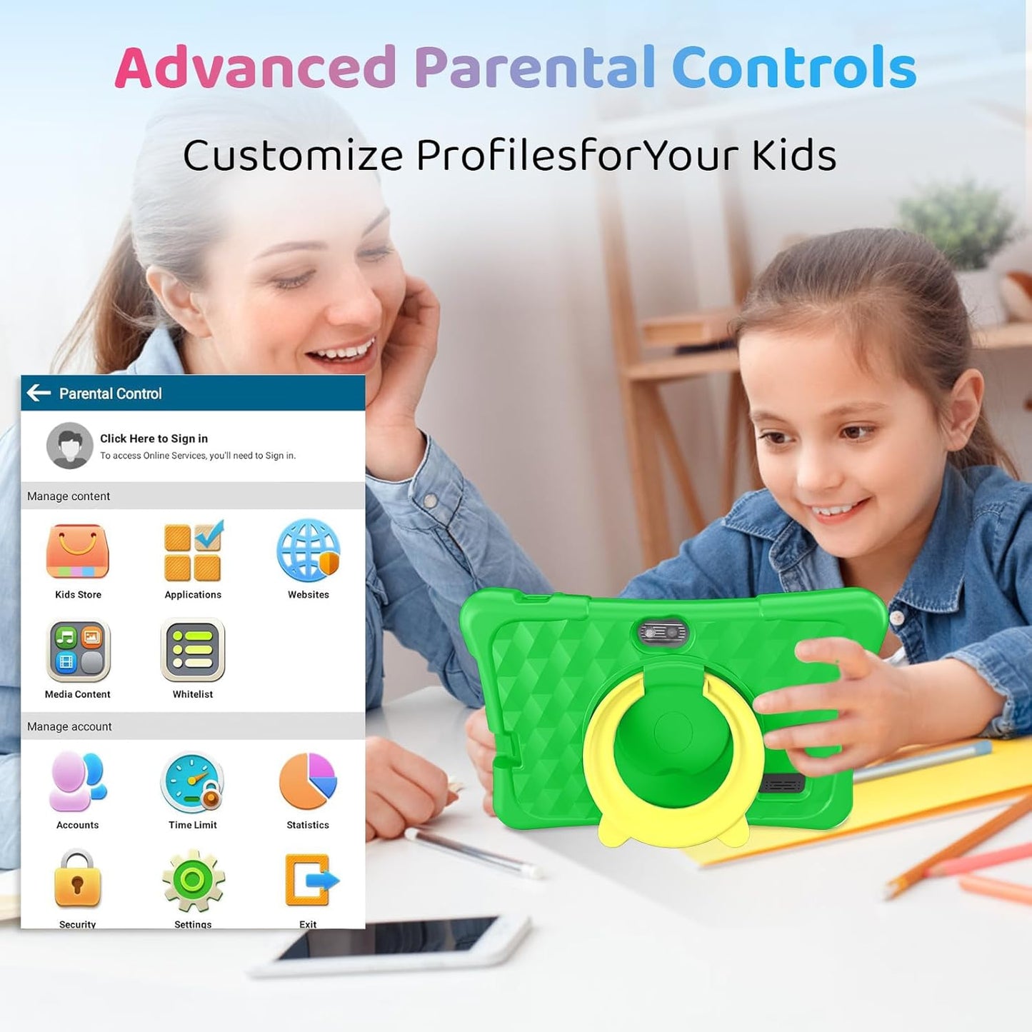 Kids Tablet, 7 inch Android 15 Tablet for Kids, 8GB+32GB 1TB Expand, Quad-Core Toddler Tablets with Shockproof Case, BT5.0, WiFi 5, Parental Control, Games, Dual Camera (Green)