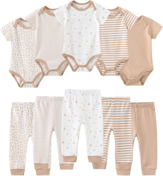 Baby Bodysuit and Pant Set 10-pcs Cotton Soft Newborn Boy Girl Clothes Outfits