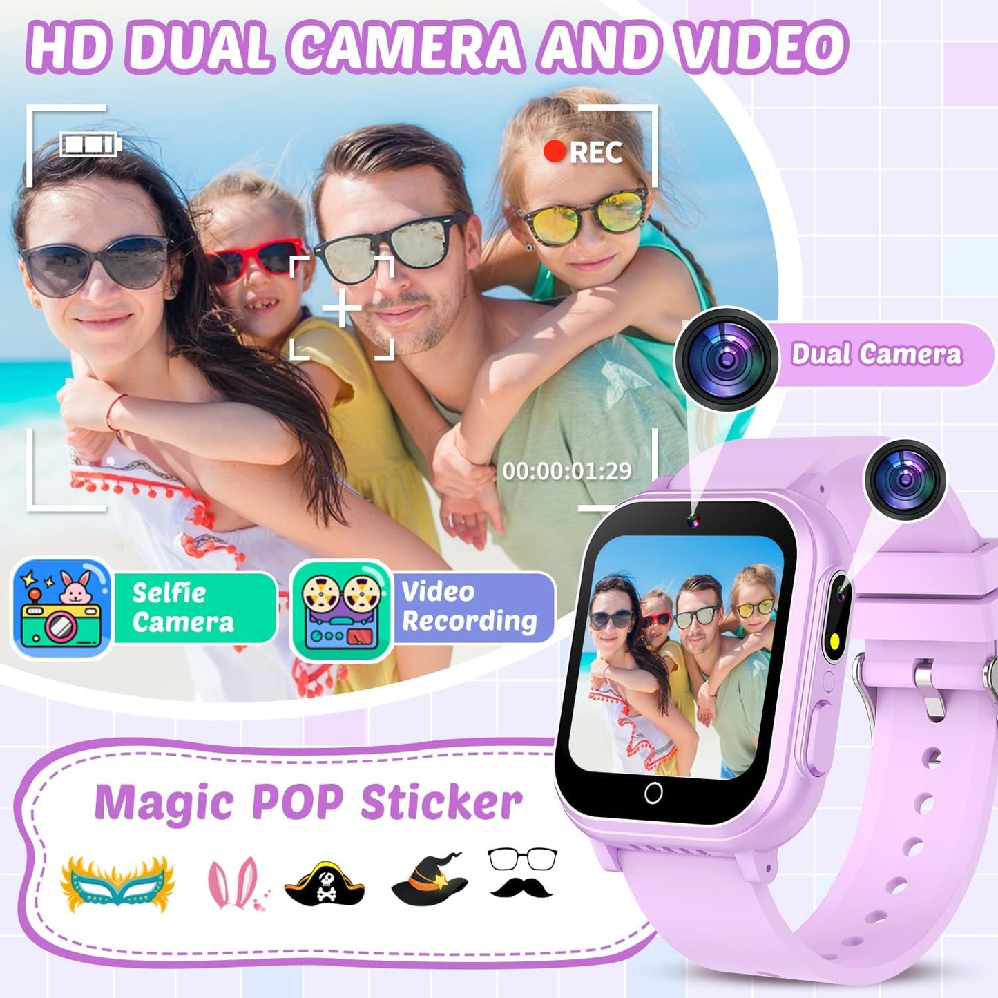 Waterproof Smart Watch for Kids Gift for Girls Age 5-12 with 32 Games, Dual Camera, Habit Tracking, Music Player, Video, Alarm Clock, HD Touchscreen Kids Smart Watch Birthday Toys for 6 7 8 9 Year Old