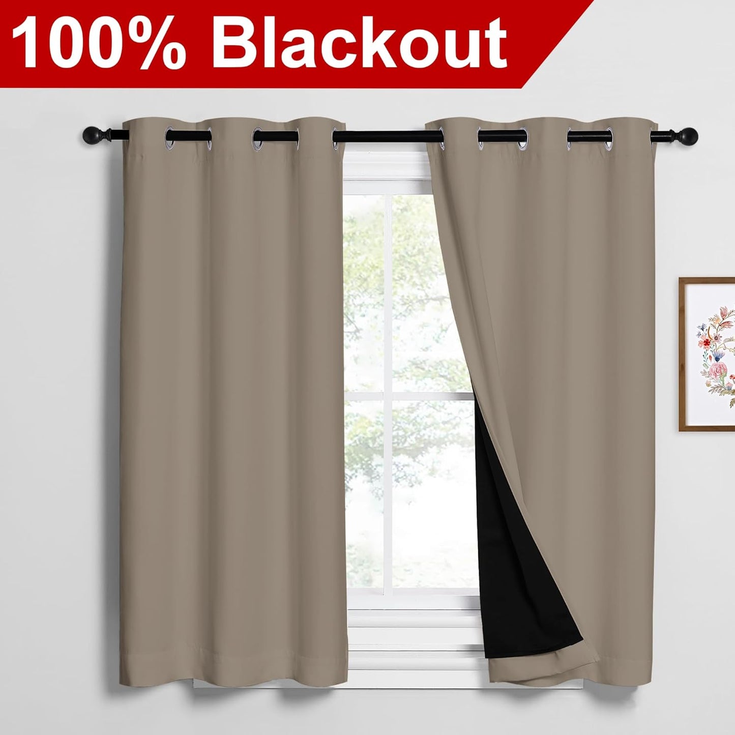 NICETOWN Taupe 100% Blackout Curtains 45 inches Long, Thermal Insulated Full Blackout 2-Layer Lined Curtains, Energy Efficiency Window Draperies for Dining Room (2 Panels, 42-inch W)