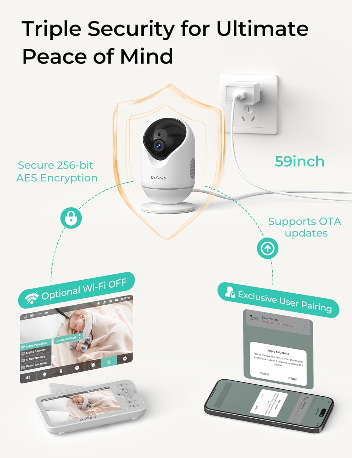 VistaView Lite Smart WiFi Baby Monitor - 4” 720P Split Screen & 1080P Camera App Control, Motion Alerts, HD Night Vision, 3000mAh Battery, 2-Way Talk, Multi-User, Triple Security, 1000ft Range