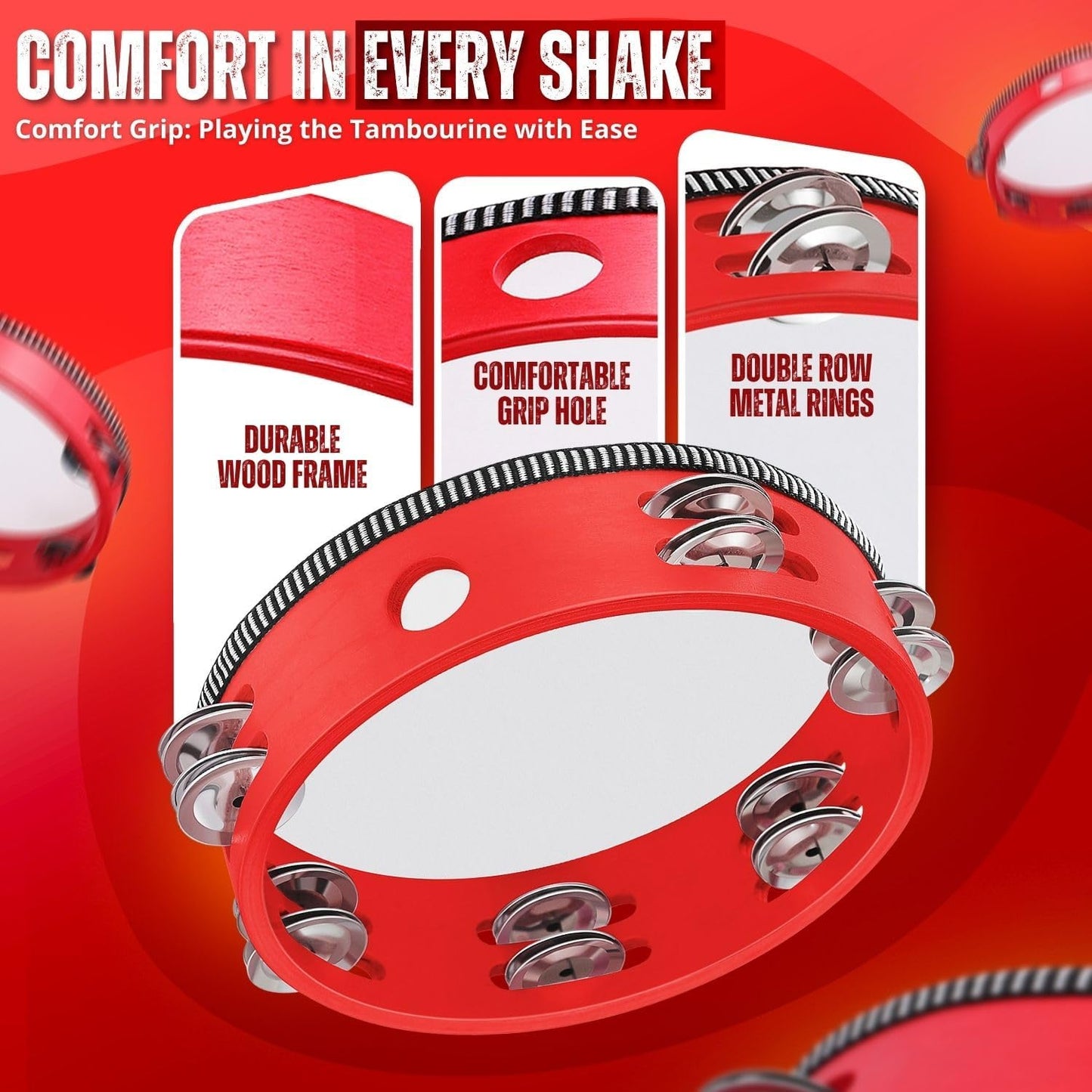 Flexzion Wood Handheld Tambourine for Kids - 8 & 6 Inch Set of 2 Pack, Double Row 12 Pair Metal Jingles, Percussion Drum Moon Musical Instrument (Red)