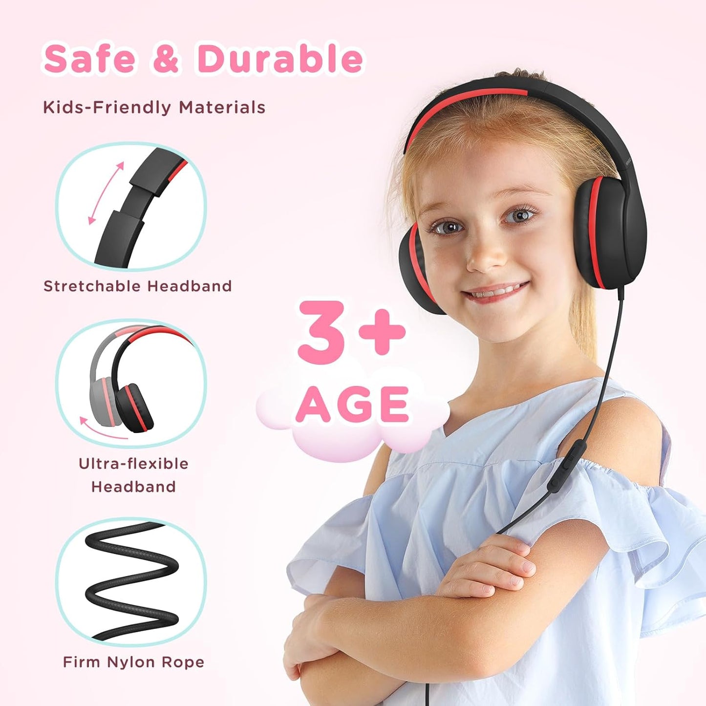 Kids Headphones Wired with Microphone, Over Ear 85/94dB Volume Limited Headphones with Share Port, Stereo Sound Foldable Headset for Teens/Boys/Girls-Black Red