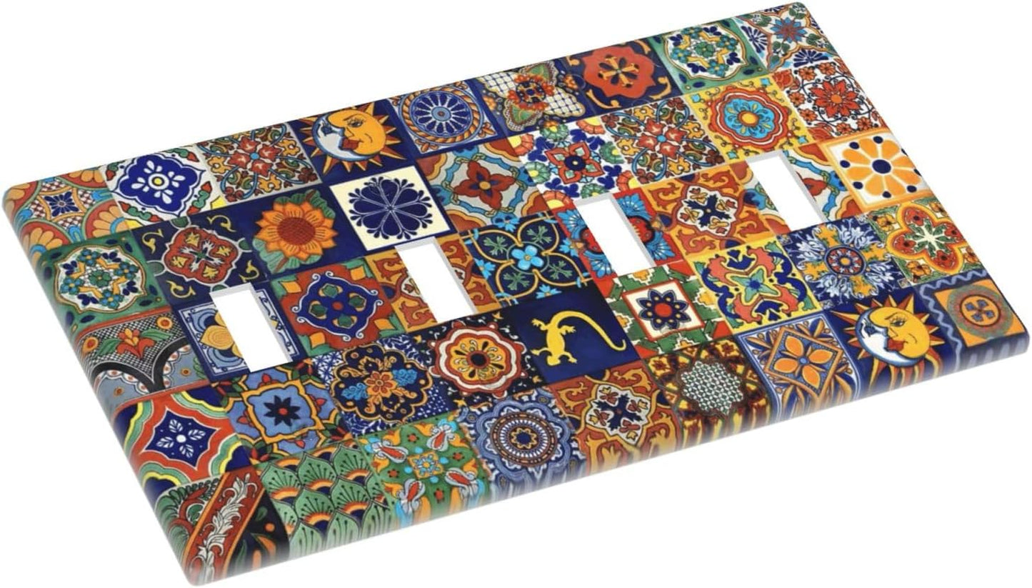 Talavera Mexican Tiles Traditional Color Decoration Print Light Switch Covers Quad Toggle Electrical Faceplate 4 Gang Wall Plate Decorative Switch Plates for Kitchen Bathroom Decor