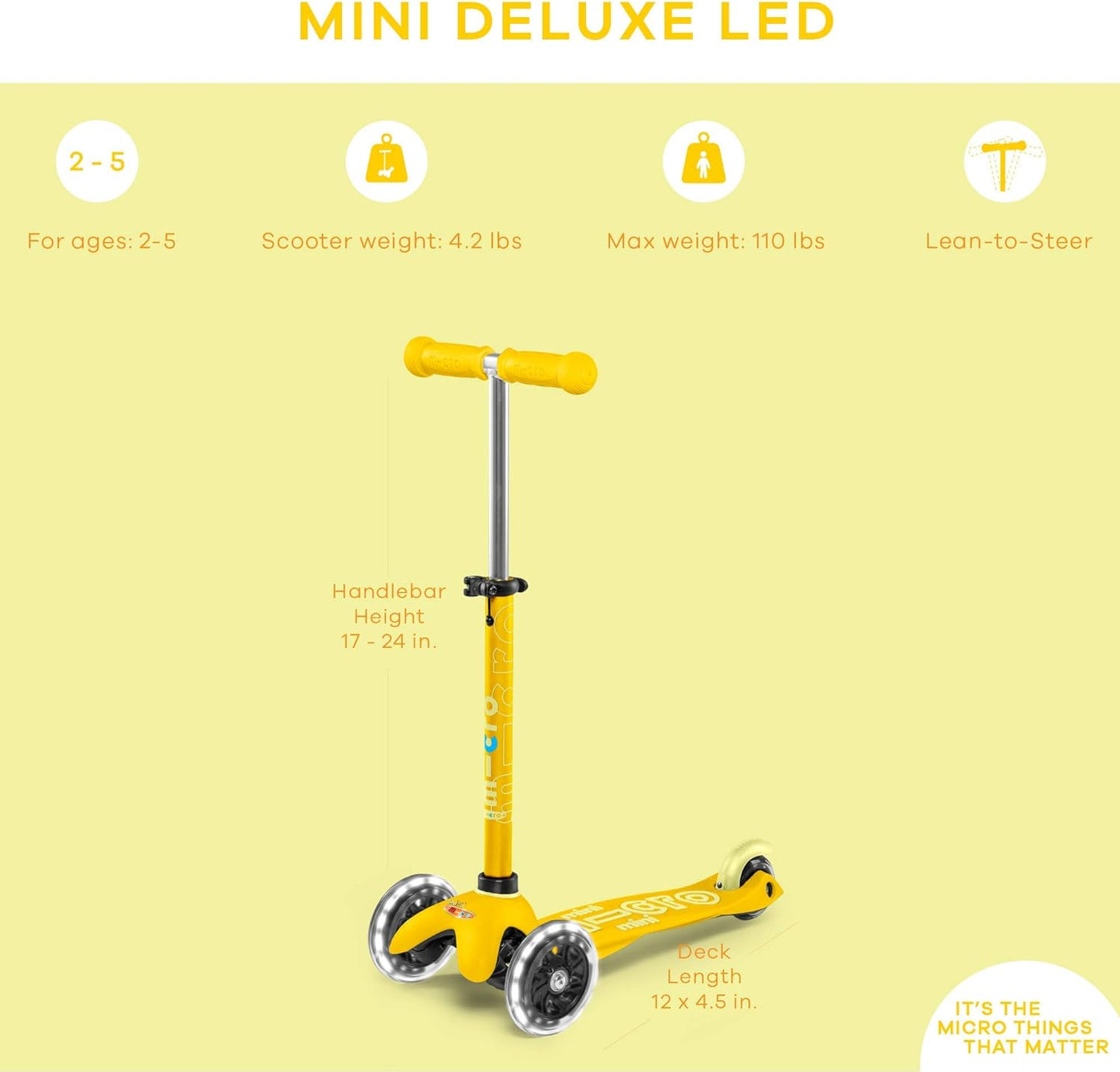 Micro Kickboard Mini Deluxe LED Three-Wheeled Lean-to-Steer Swiss-Designed Micro Scooter