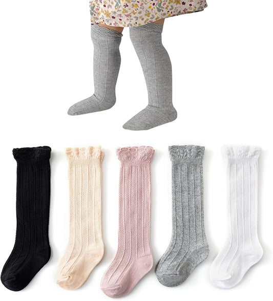 Zando Baby Knee High Socks - Infant to Toddler, Cotton Ruffle Socks, Warm Girls & Boys Long Stockings, 3-6 Pairs