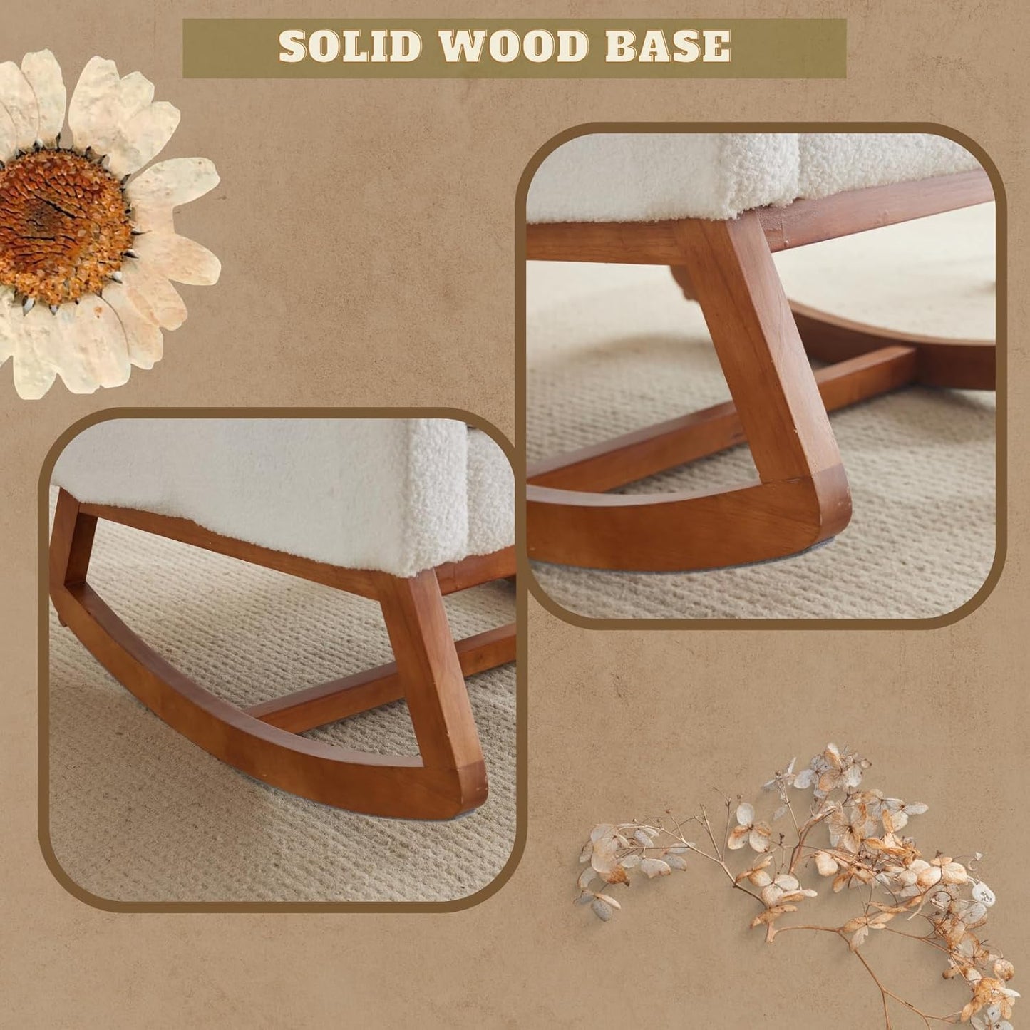 VINGLI White Teddy Fleece Rocking Chair Nursery with Thick Headrest, Upholstered Mid-century Modern Nursing Rocker Glider with Curved Armrest, Sturdy Solid Wood Base for Living Room,Bedroom, Baby Room