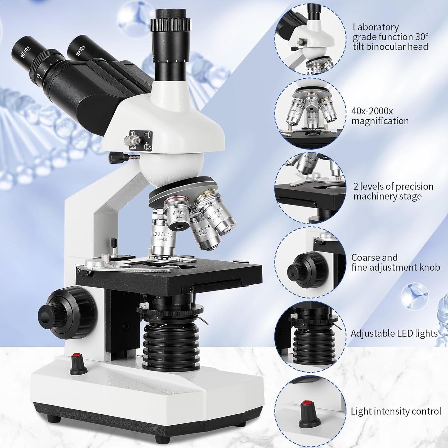 Compound trinocular Microscope, 40X-5000X Magnification, Digital Laboratory trinocular Compound LED Microscope with USB Camera and Mechanical Stage, WF10x and WF20x eyepieces, Abbe Condenser…
