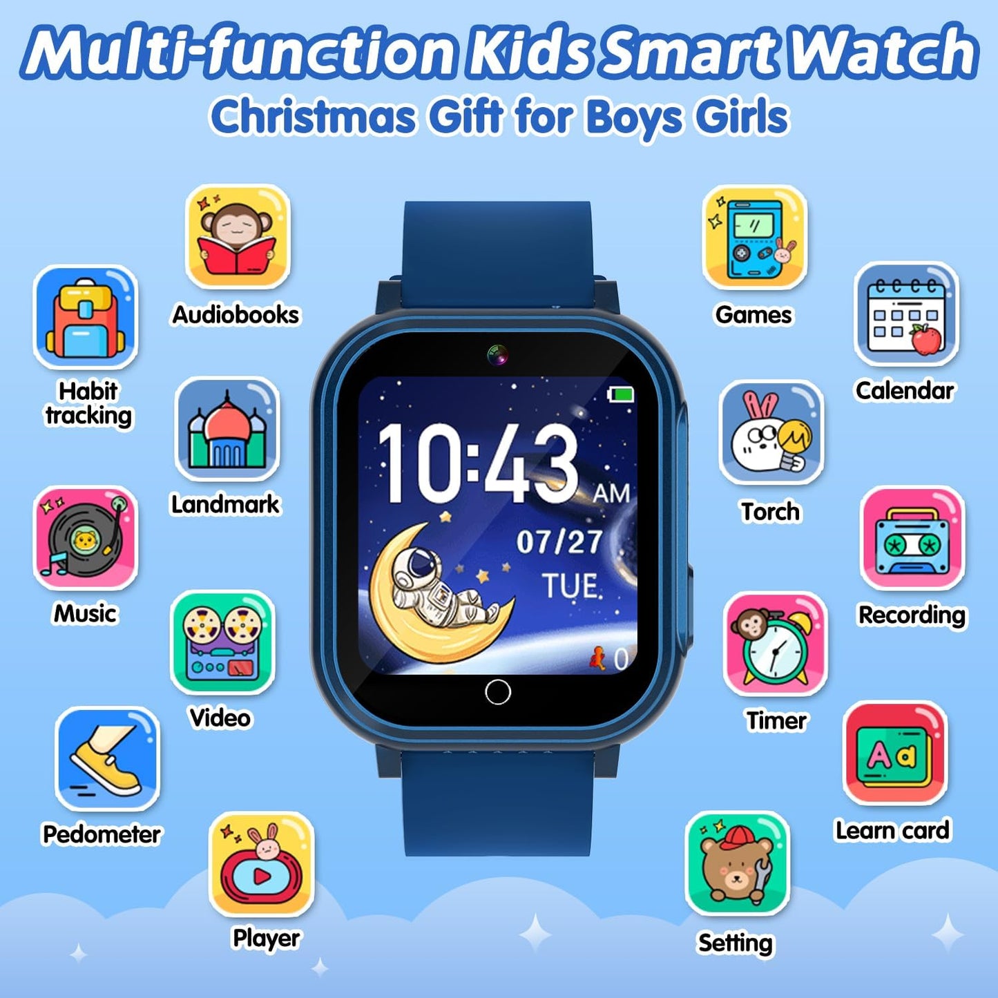 Kids Waterproof Smart Watch with 32 Games Dual Camera Music Player Pedometer Habit Tracking HD Screen Protectors Lanyard Flashlight Storybook, Smart Watch for Kid Birthday Gifts for 5-12 Year Olds Boy