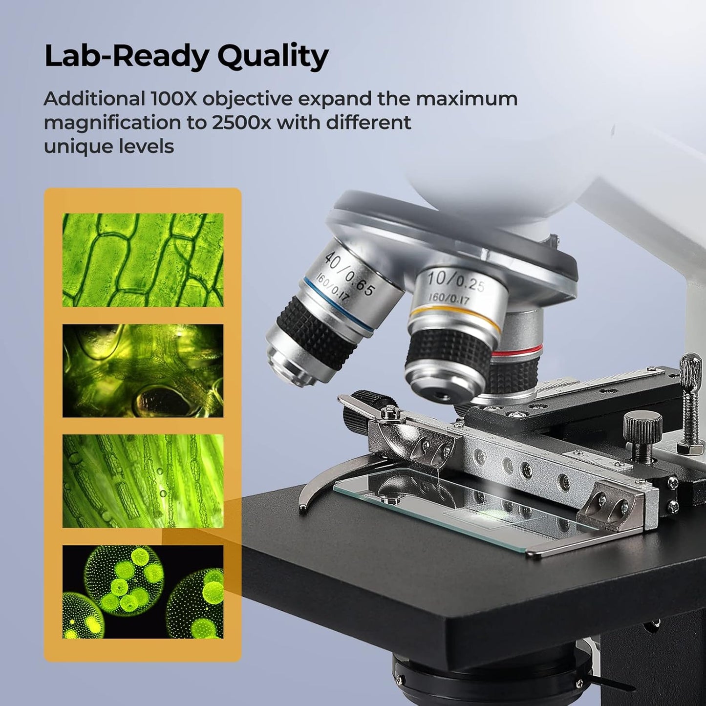 Dual-View Lab Compound Monocular Microscope 40X-2500X Magnification with 7" LCD Display, Wide-Field 4X/10X/40X(s)/100X(Spring Oil) Eyepieces, Adjustable Mechanical Stage, Aluminum Carry Box