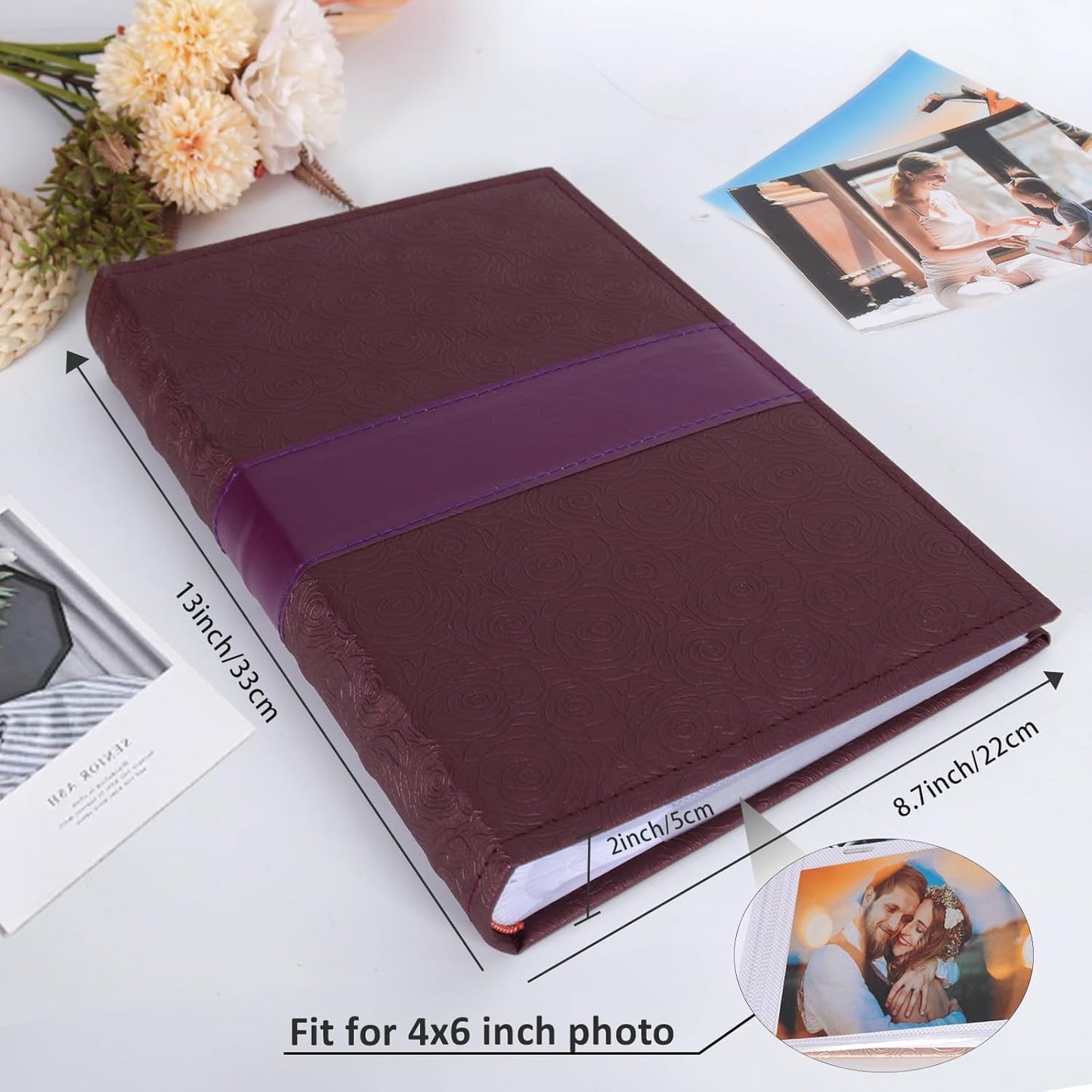 RECUTMS Photo Album with Writing Space 4x6 300 Pockets Photo Book,Leather Cover Picture Album with Memo Areas for Wedding Anniversary Family Baby Couple Valentines Graduation Travel (Purple)