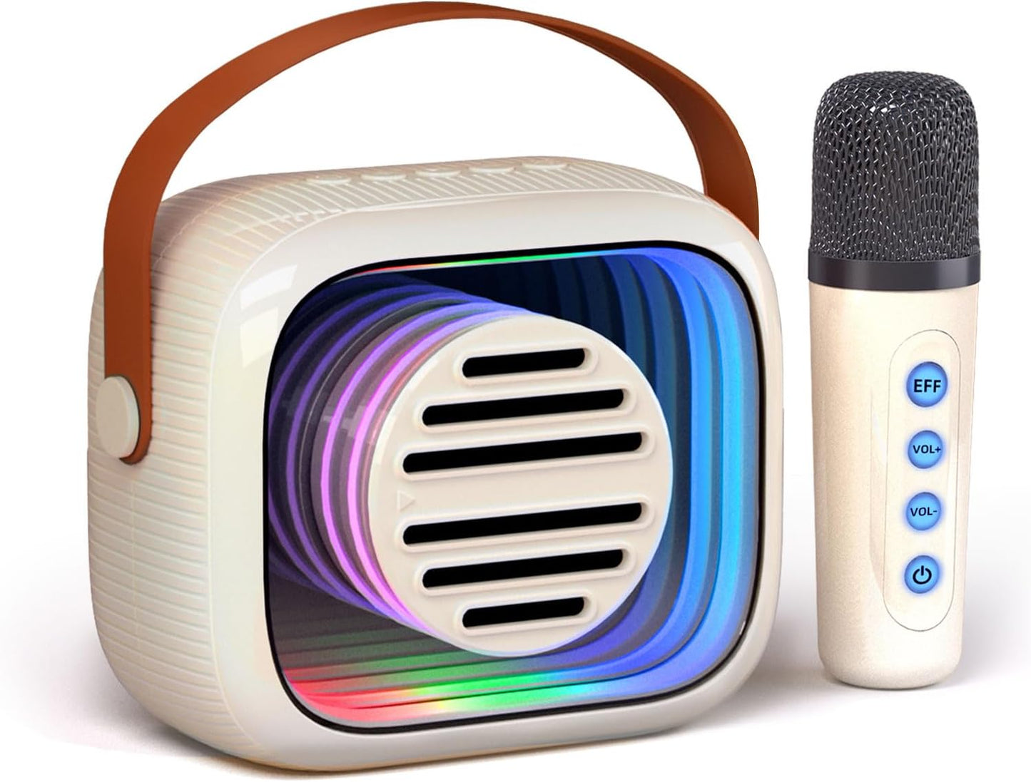 YF93 Mini Karaoke Machine for Kids with Bluetooth Speaker, 7 Voice-Changing Modes, Colorful LED Mirror Lights, TF Card Support, Rechargeable 2200mAh Battery, Portable Singing Gift for Children(Beige)