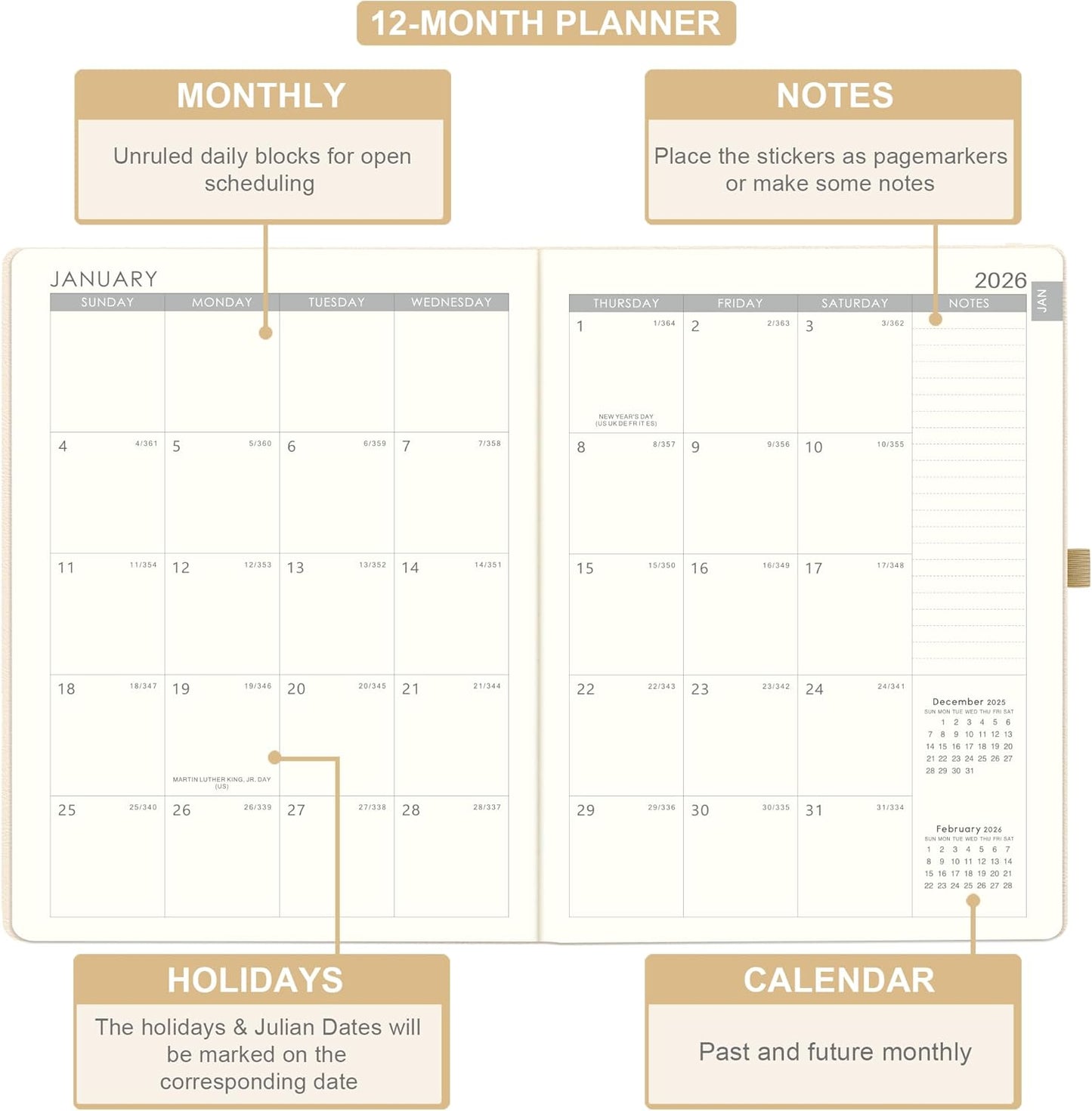 2026 Planner - JAN 2026 - DEC 2026, Planner 2026, Weekly and Monthly Planners, Leather Cover Planners with Thick Paper, Back Pocket with Notes Pages, Seashell Gold (8.5" x 11")