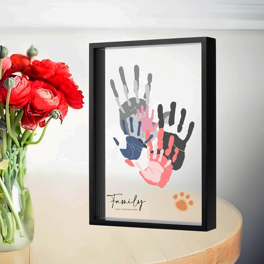 PUDEKO Family Handprint Kit,DIY Colorful Craft Keepsake Family Art Baby Newborn Hand and Footprint Wooden Frame for Home Decor Family Gifts Set(5 Sheets with 8 Colors) (Black)