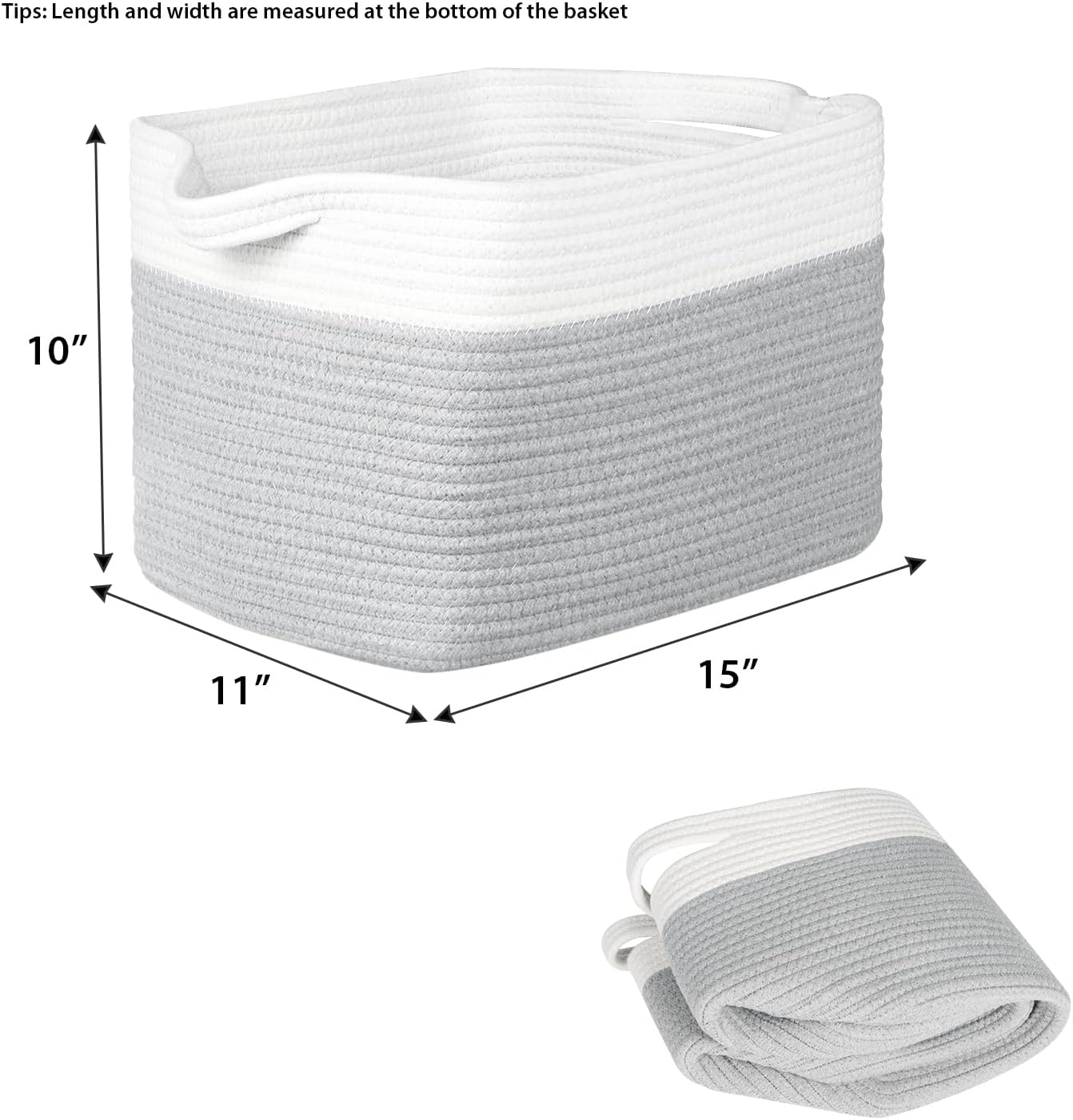 Kntiwiwo Storage Baskets for Organizing 14.7”x11”x9.6” Rope Storage Baskets for Shelves with Handles, Decorative Closet Baskets & Bins, Large Woven Baskets for Storage, White & Grey