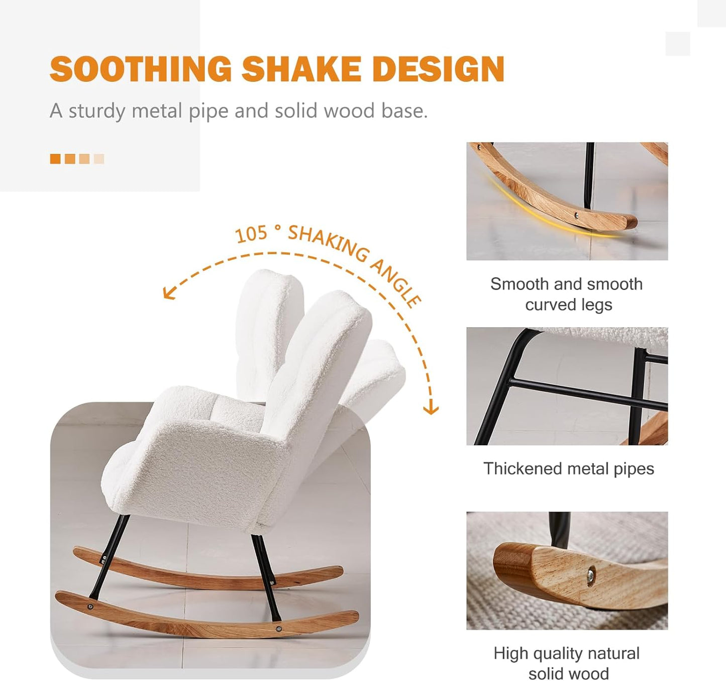 Kiztir Rocking Chair Nursery, High Backrest Teddy Glider Rocker Upholstered Rocker Recliner Modern Rocking Accent Chairs for Bedroom, Living Room, Offices (Ivory)