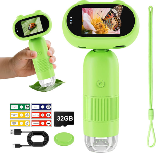 Microscope for Kids, Aurosports Kids Microscope Handheld, 1000X Pocket Miniscope Portable with Photo & Video - 2 Inch HD IPS Screen 32GB Digital Microscopes for Boys Girls Gifts