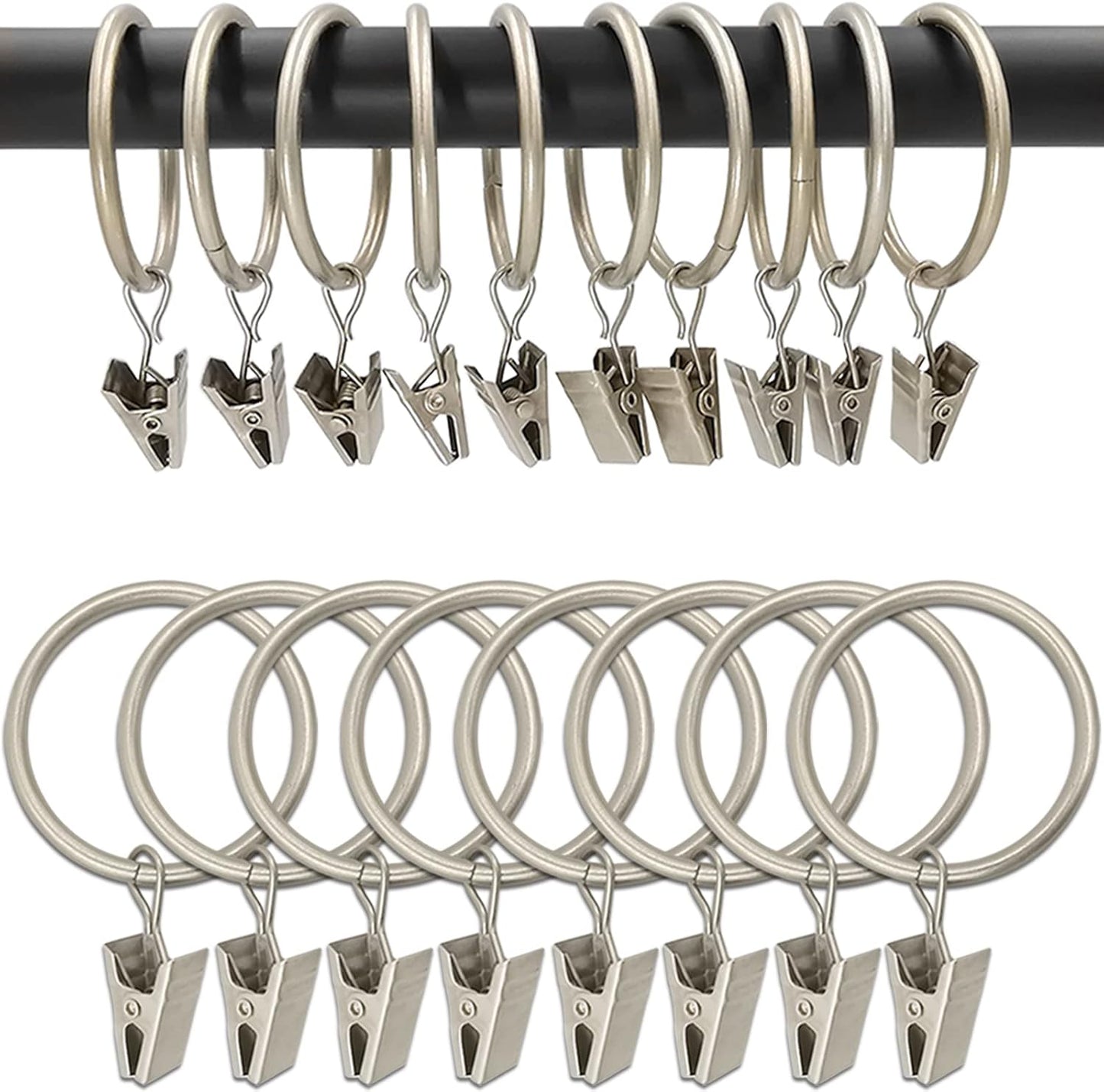 100 Pack Matte Silver Curtain Rings with Clips, Curtain Hooks Hangers Clip Rings for Hanging Drapes Bows Hat, Drapery Rings 1.5 in I D, Fits up to 1.2 in Diameter Curtain Rod.