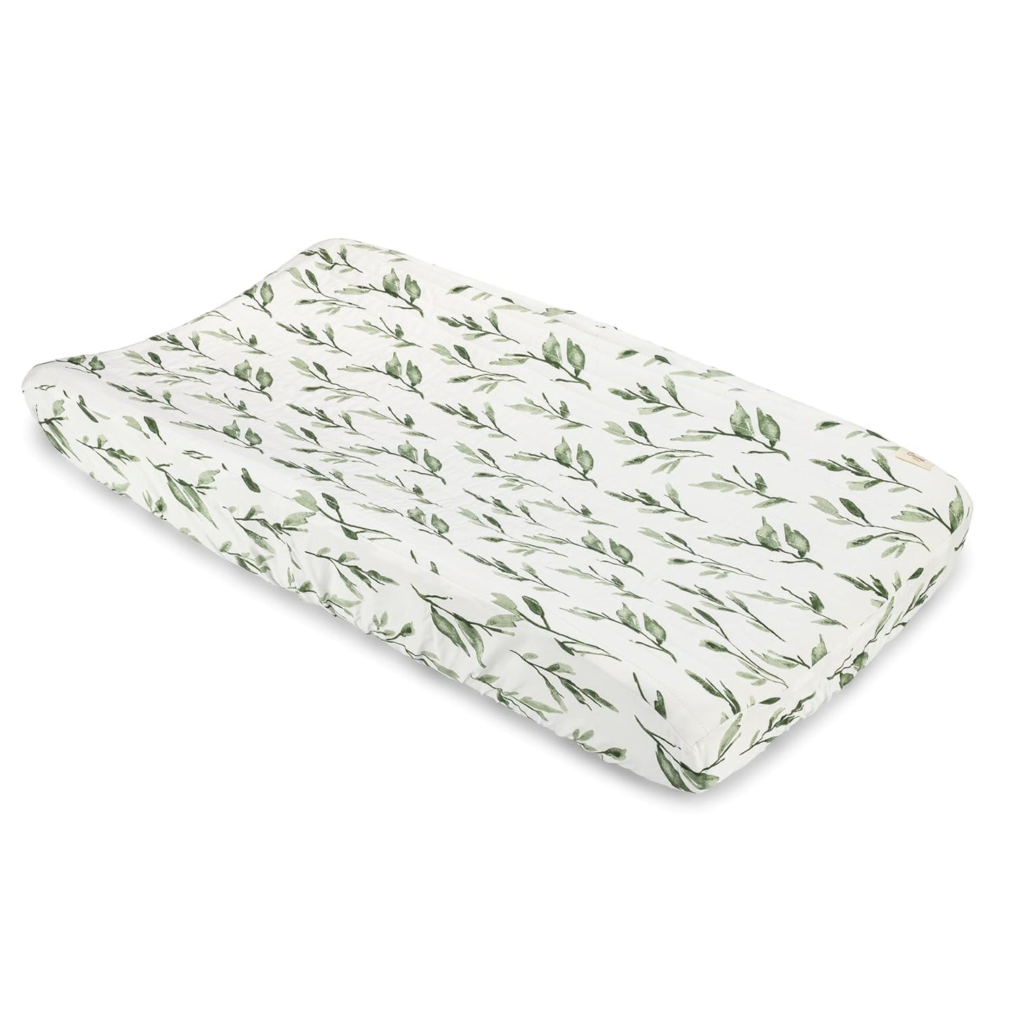 Crane Baby Green Leaf, Quilted Changing Pad Cover, 100% Cotton Sateen, 16in X 32in, Fitted with Elastic, Soft, Machine Washable, Neutral Nursery Essential