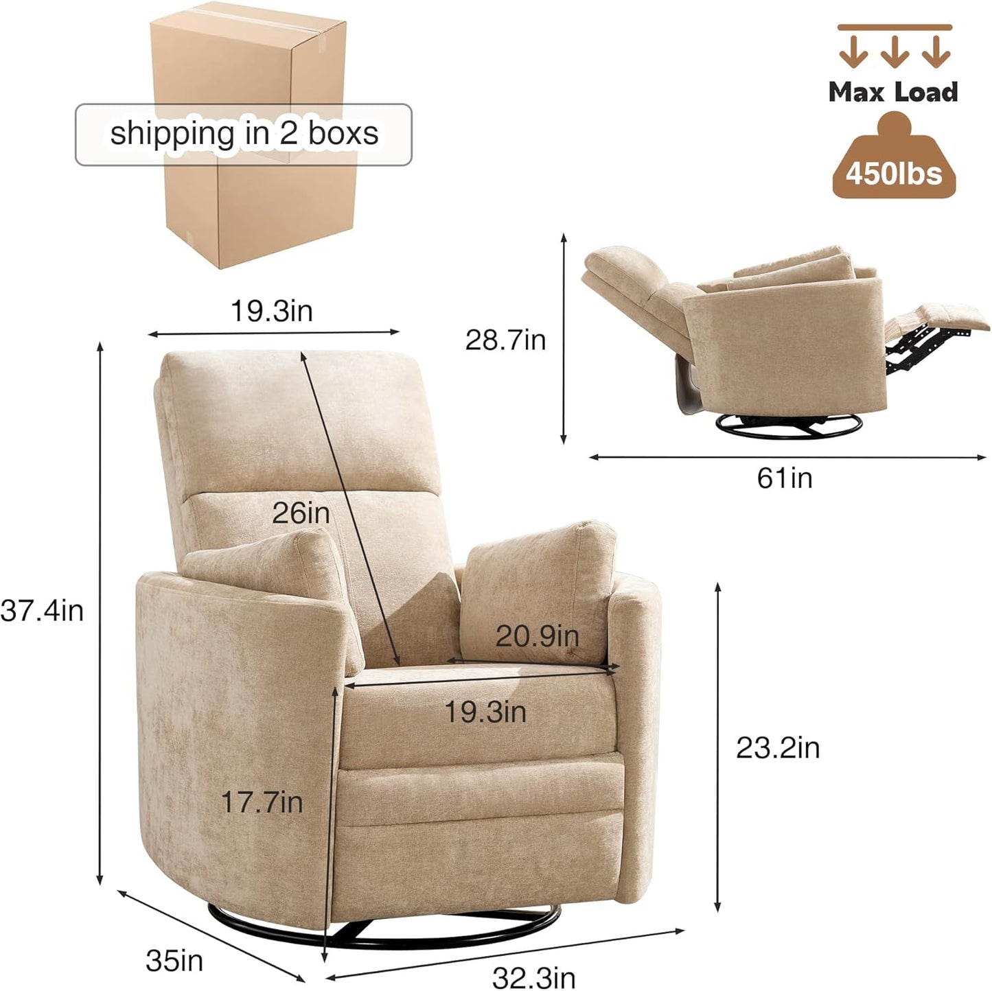 Swivel Rocker Recliner Chair,Manual Nursery Swivel Rocking Recliner,Upholstered Adult Rocking Glider Chair with 2 Pillows for Living Room Bedroom (Khaki, Manual Operation)