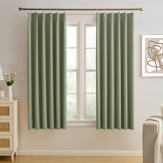 Sage Green Pinch Pleat Curtains 72 Inches Long Thermal Insulated Dark Black Out Short Drapery for Bedroom Light Blocking Window Covering Room Darkening Drapes for Living Room 40x72 2 Pieces